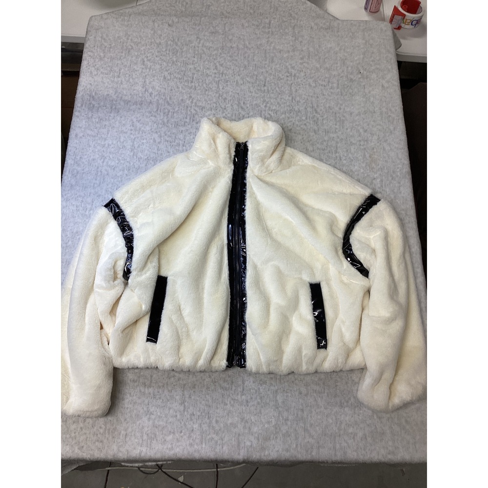 JoyLab‎ Womens Faux Fur Full Zip Jacket XL Jet Stream White Black Trim E744PW